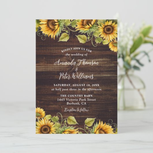 Sunflower Rustic Wood Wedding Kaart (Staand voorkant)