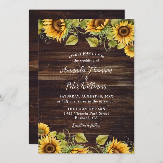Sunflower Rustic Wood Wedding Kaart (Voorkant / Achterkant)