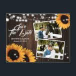 Sunflower Rustic Wood Wedding Photo Save The Date Aankondigingskaart<br><div class="desc">Rustic floral wedding photo save the date postcard featuring sunflowers and string lights against a barn wood background.</div>