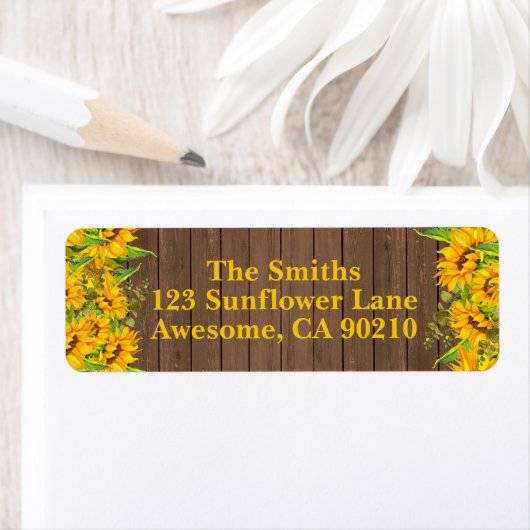 Sunflower Rustic Wood Wedding Return Label (Insitu)