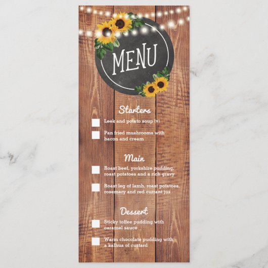 Sunflower rustieke String Lights Bruiloft Menu (Voorkant)