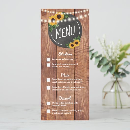 Sunflower rustieke String Lights Bruiloft Menu (Staand voorkant)