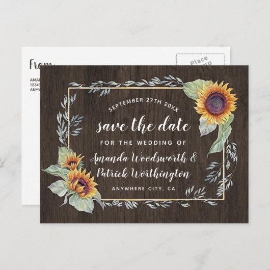 Sunflower rustieke Waterverf Bewaar de datumkaarte Aankondigingskaart (Voorkant / Achterkant)