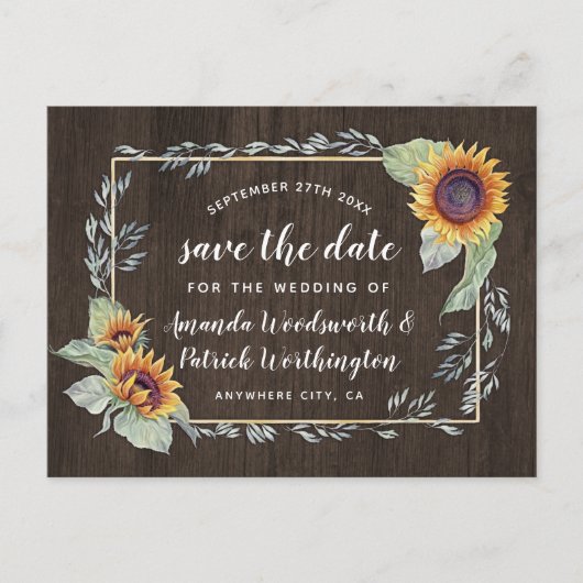 Sunflower rustieke Waterverf Bewaar de datumkaarte Aankondigingskaart (Voorkant)