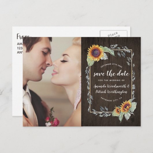 Sunflower rustieke Waterverf Bewaar de datumkaarte Aankondigingskaart (Voorkant / Achterkant)