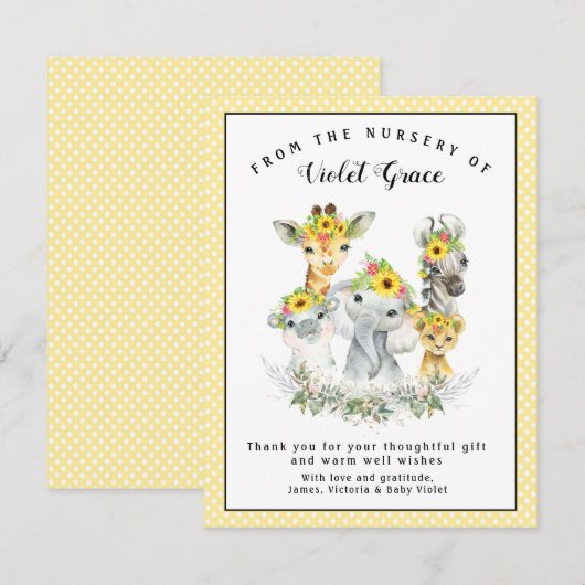 Sunflower Safari Baby shower Dank u kaarten (Voorkant / Achterkant)