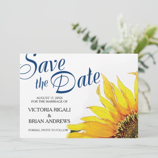 Sunflower Save the Date ~ Navy Blue Yellow (Staand voorkant)