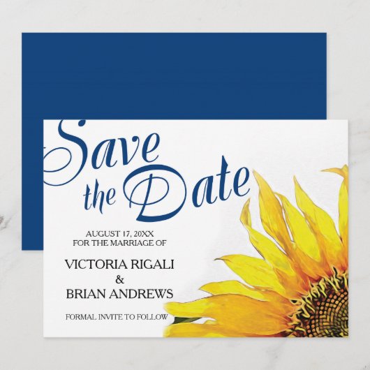 Sunflower Save the Date ~ Navy Blue Yellow (Voorkant / Achterkant)
