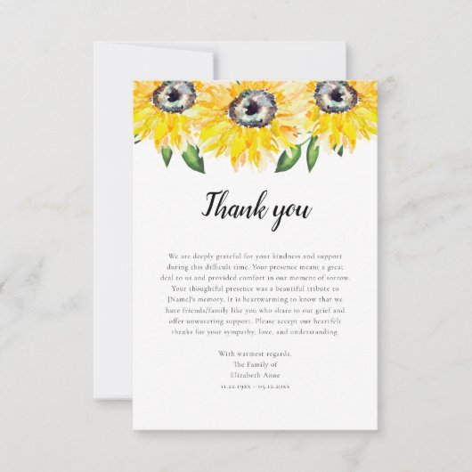 Sunflower Script Begrafenis Dank u Waterverf Bedankkaart (Voorkant)