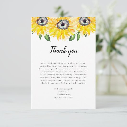 Sunflower Script Begrafenis Dank u Waterverf Bedankkaart (Staand voorkant)