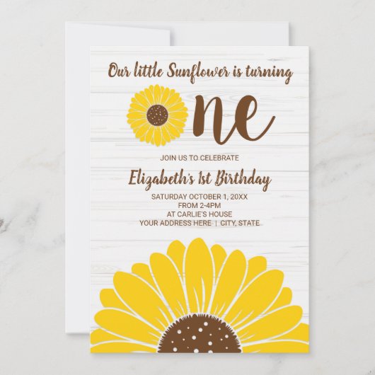 Sunflower Simple Girls First Birthday Invitation Kaart (Voorkant)