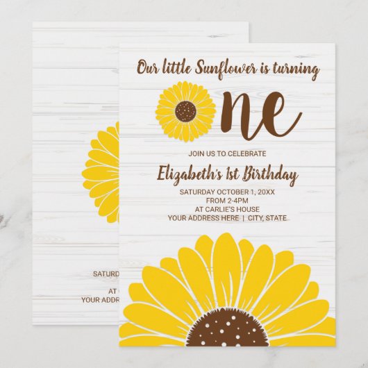 Sunflower Simple Girls First Birthday Invitation Kaart (Voorkant / Achterkant)