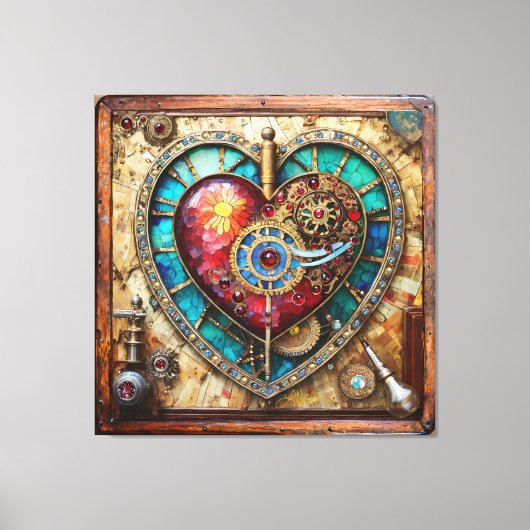Sunflower Stained Glass Heart Steampunk Series Canvas Afdruk (Voorkant)