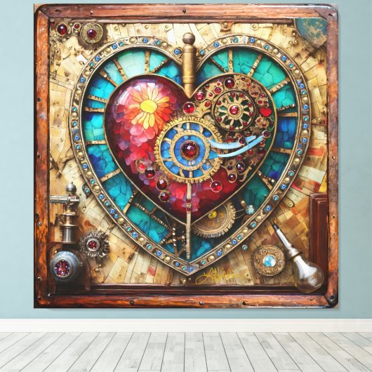 Sunflower Stained Glass Heart Steampunk Series Canvas Afdruk (Insitu (Houten vloer))
