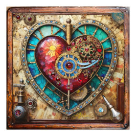 Sunflower Stained Glass Heart Steampunk Series Foto Afdruk