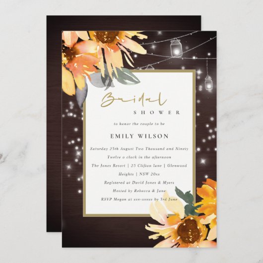 SUNFLOWER STARRY MASON JAR VRIJGEZELLENFEEST INVIT BEDANKKAART (Voorkant / Achterkant)