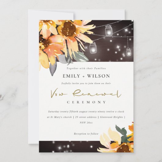 SUNFLOWER STARRY MASON JAR WOOD VOW RENEWAL INVITE BEDANKKAART (Voorkant)