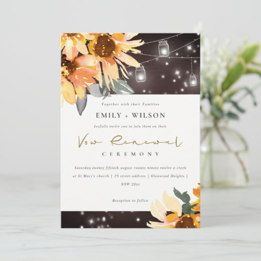 SUNFLOWER STARRY MASON JAR WOOD VOW RENEWAL INVITE BEDANKKAART (Staand voorkant)