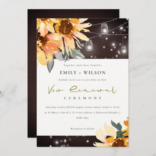 SUNFLOWER STARRY MASON JAR WOOD VOW RENEWAL INVITE BEDANKKAART (Voorkant / Achterkant)