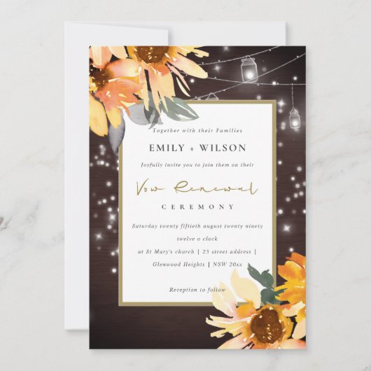 SUNFLOWER STARRY MASON JAR WOOD VOW RENEWAL INVITE BEDANKKAART (Voorkant)