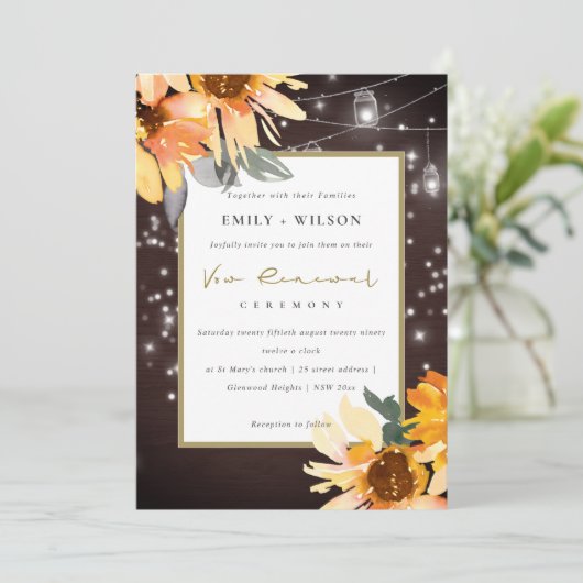SUNFLOWER STARRY MASON JAR WOOD VOW RENEWAL INVITE BEDANKKAART (Staand voorkant)