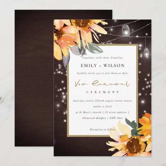 SUNFLOWER STARRY MASON JAR WOOD VOW RENEWAL INVITE BEDANKKAART (Voorkant / Achterkant)