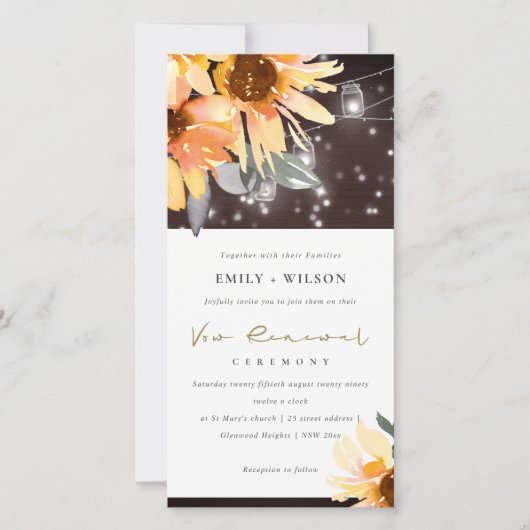 SUNFLOWER STARRY MASON JAR WOOD VOW RENEWAL INVITE BEDANKKAART (Voorkant)
