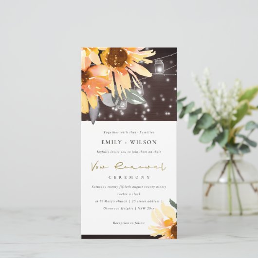 SUNFLOWER STARRY MASON JAR WOOD VOW RENEWAL INVITE BEDANKKAART (Staand voorkant)