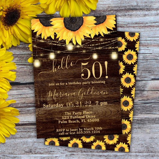 Sunflower String Lights 50th Birthday Party Invit Kaart