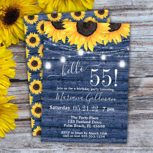 Sunflower String Lights Blue 55th Birthday Party Kaart