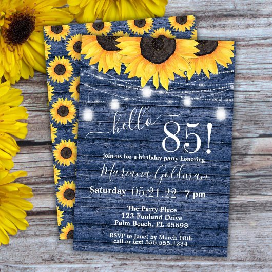 Sunflower String Lights Blue 85th Birthday Party Kaart