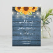 Sunflower String Lights Blue Rustic Wood Weddensch Kaart (Staand voorkant)