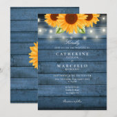 Sunflower String Lights Blue Rustic Wood Weddensch Kaart (Voorkant / Achterkant)