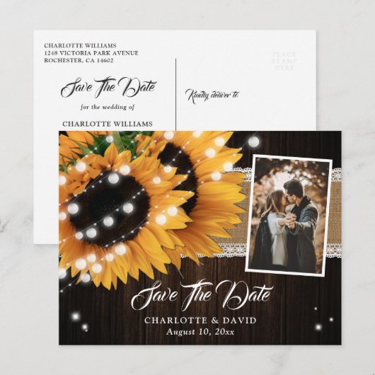Sunflower String Lights Burlap Wood Wedding Photo Aankondigingskaart (Voorkant / Achterkant)