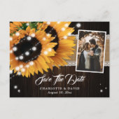 Sunflower String Lights Burlap Wood Wedding Photo Aankondigingskaart (Voorkant)