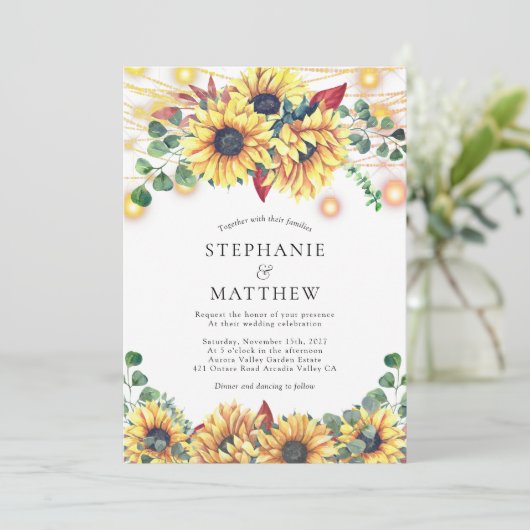 Sunflower String Lights Mason Jars Fall Wedding Kaart (Staand voorkant)