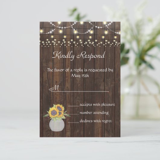 Sunflower String Lights Old Wood Weddenschap RSVP (Staand voorkant)