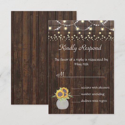 Sunflower String Lights Old Wood Weddenschap RSVP Kaartje (Voorkant / Achterkant)