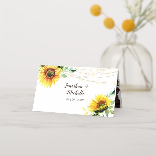 Sunflower String Lights Rustic Wood Wedding Plaatskaartje (Achterkant)