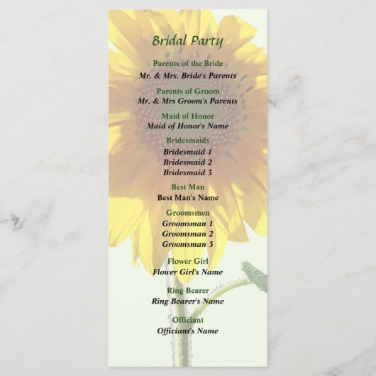 Sunflower Sunbathing Wedding Programme Programmakaart (Achterkant)