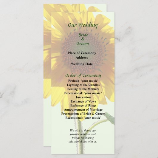 Sunflower Sunbathing Wedding Programme Programmakaart (Voorkant / Achterkant)