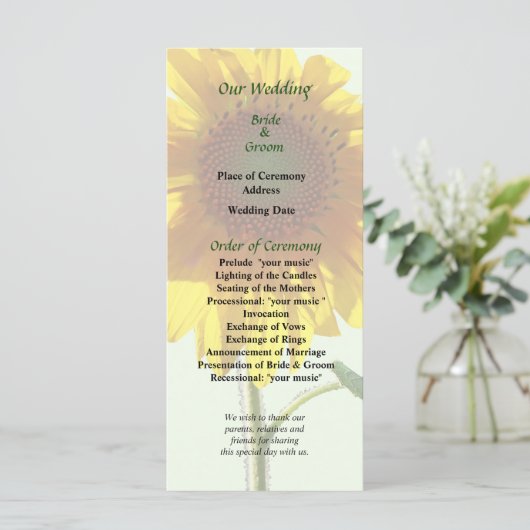 Sunflower Sunbathing Wedding Programme Programmakaart (Staand voorkant)