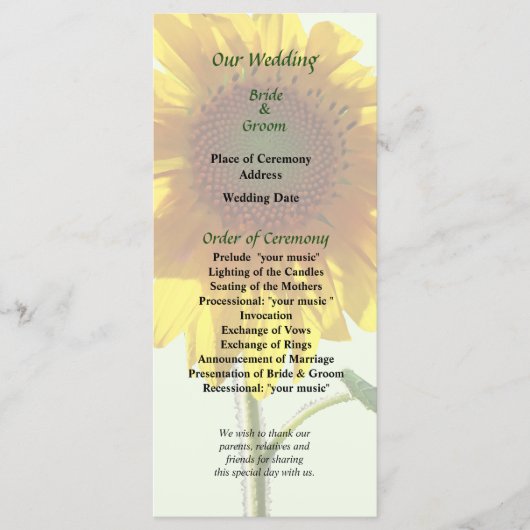 Sunflower Sunbathing Wedding Programme Programmakaart (Voorkant)