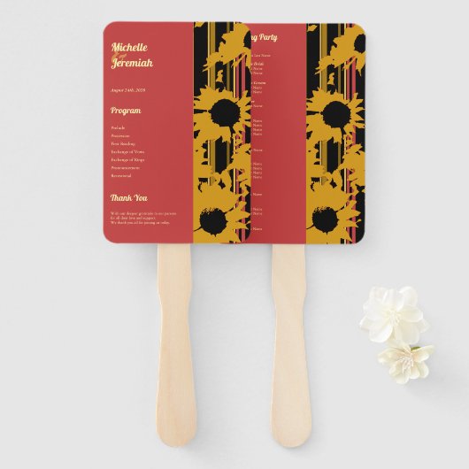 Sunflower Sunset Coral Gold Modern Wedding Handwaaier (Voorkant en achterkant)