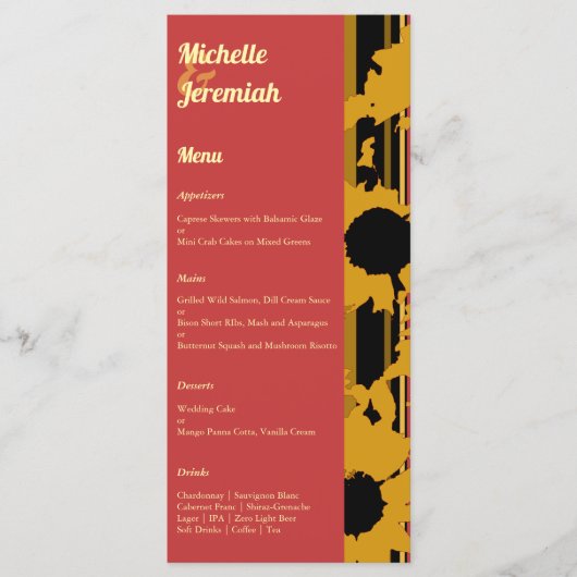 Sunflower Sunset Coral Gold Modern Wedding Menu (Voorkant)
