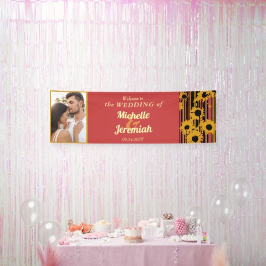 Sunflower Sunset Coral Gold Modern Welcome Wedding Spandoek (Feest)