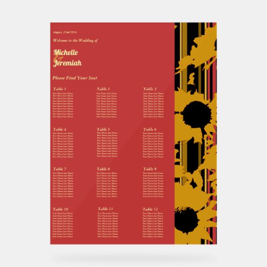 Sunflower Sunset Coral Gold Wedding Seat Chart Acryl Bord (Voorkant)