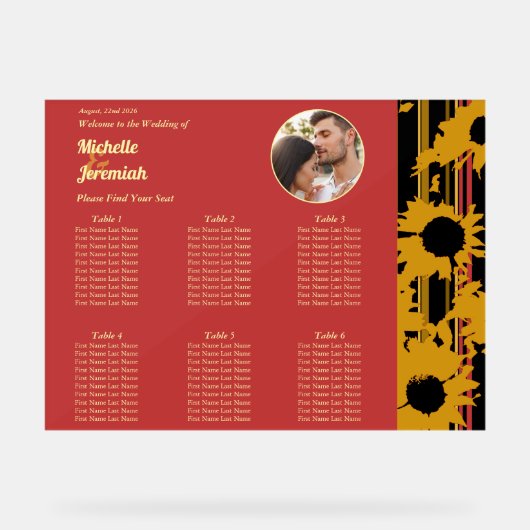 Sunflower Sunset Coral Wedding Photo Seat Chart Acryl Bord (Voorkant)