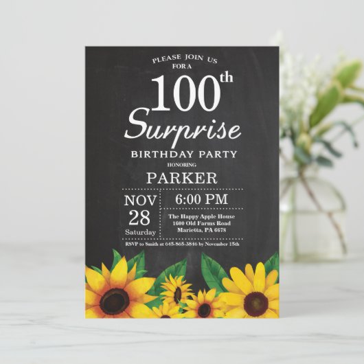 Sunflower Surprise 100ste verjaardag Uitnodiging (Staand voorkant)