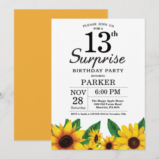 Sunflower Surprise 13th Birthday Invitation Kaart (Voorkant / Achterkant)